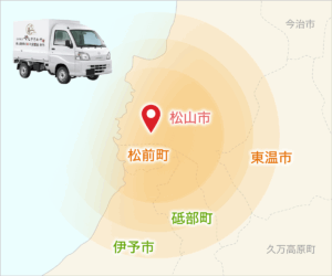 京都割烹やなぎさわやの配達エリアマップ。松山市を中心に、松前町・東温市・伊予市・砥部町への配達範囲を示した地図。