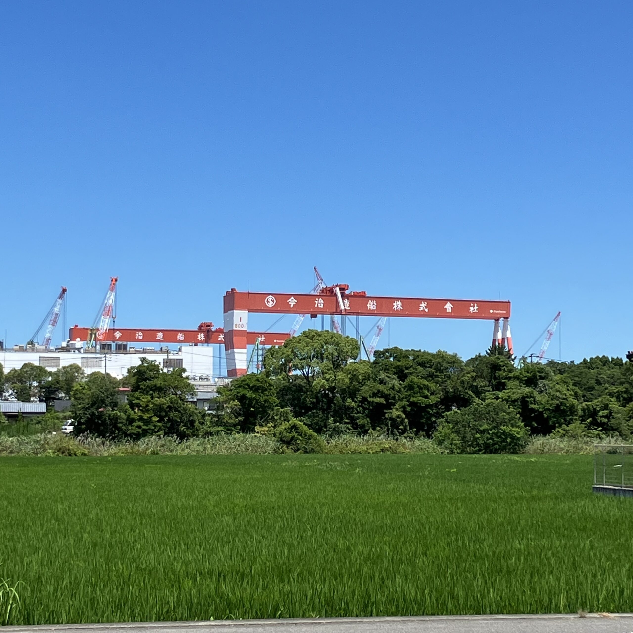 西条市の田園風景と今治造船の巨大クレーン