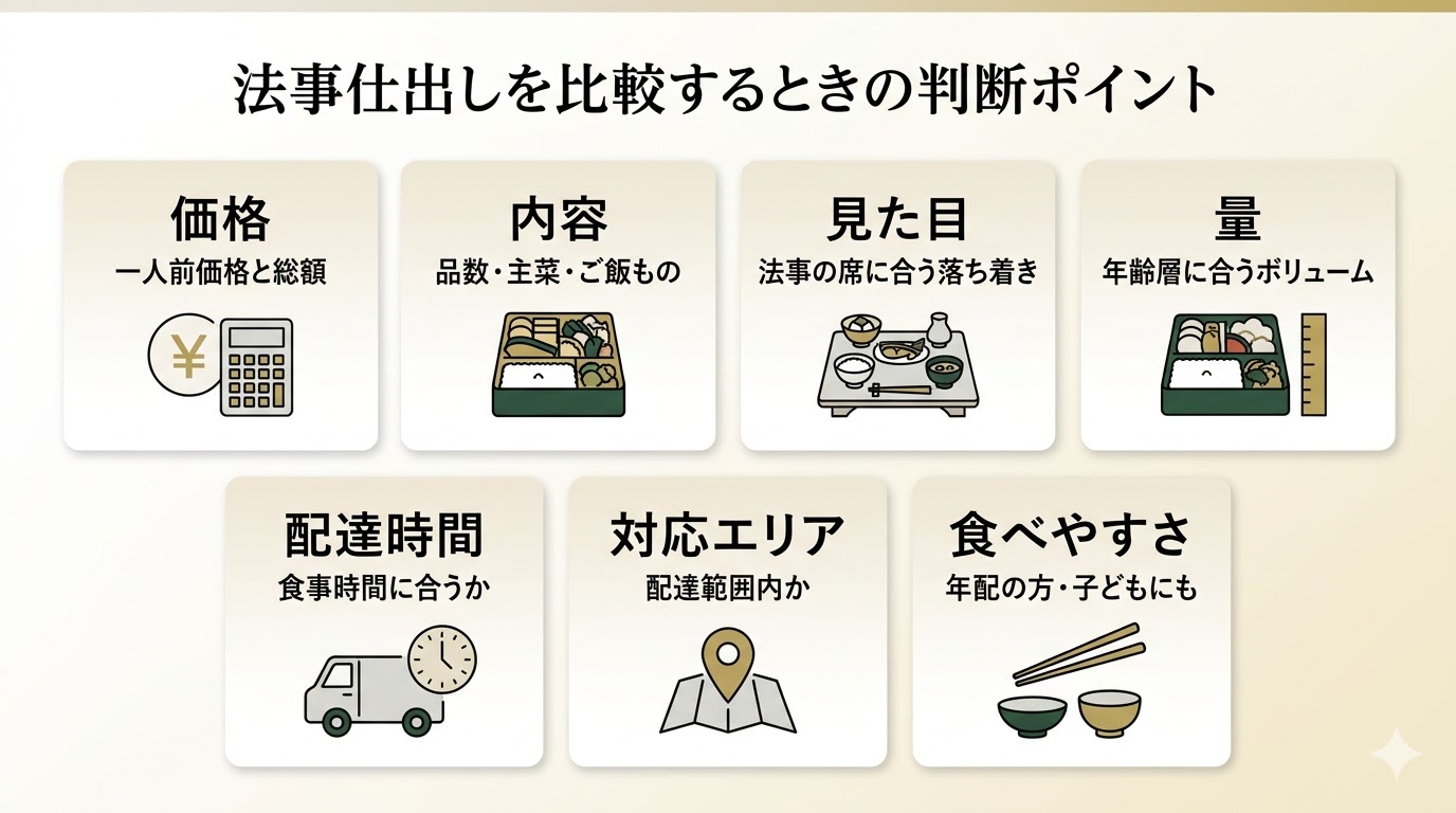 法事仕出しを比較するときの判断ポイント：価格・内容・見た目・量・配達時間・対応エリア・食べやすさ