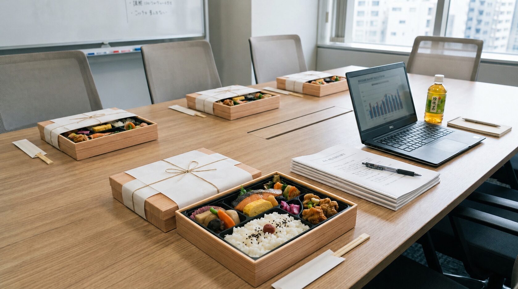 松山市で会議弁当を手配する際に、会議室の机に人数分のお弁当を並べた様子