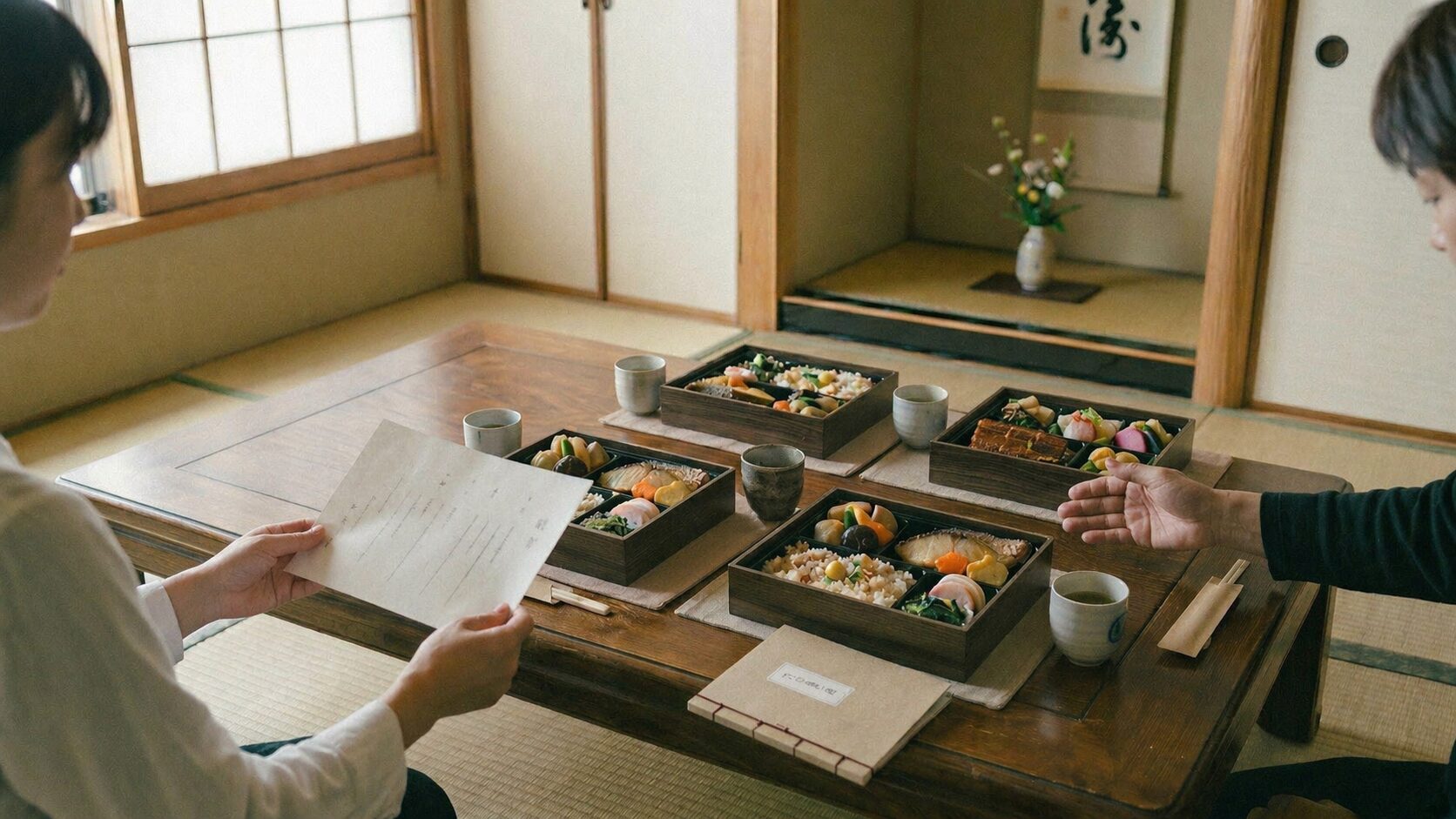 法事の席で、親族が献立を見ながら食事内容を相談している様子