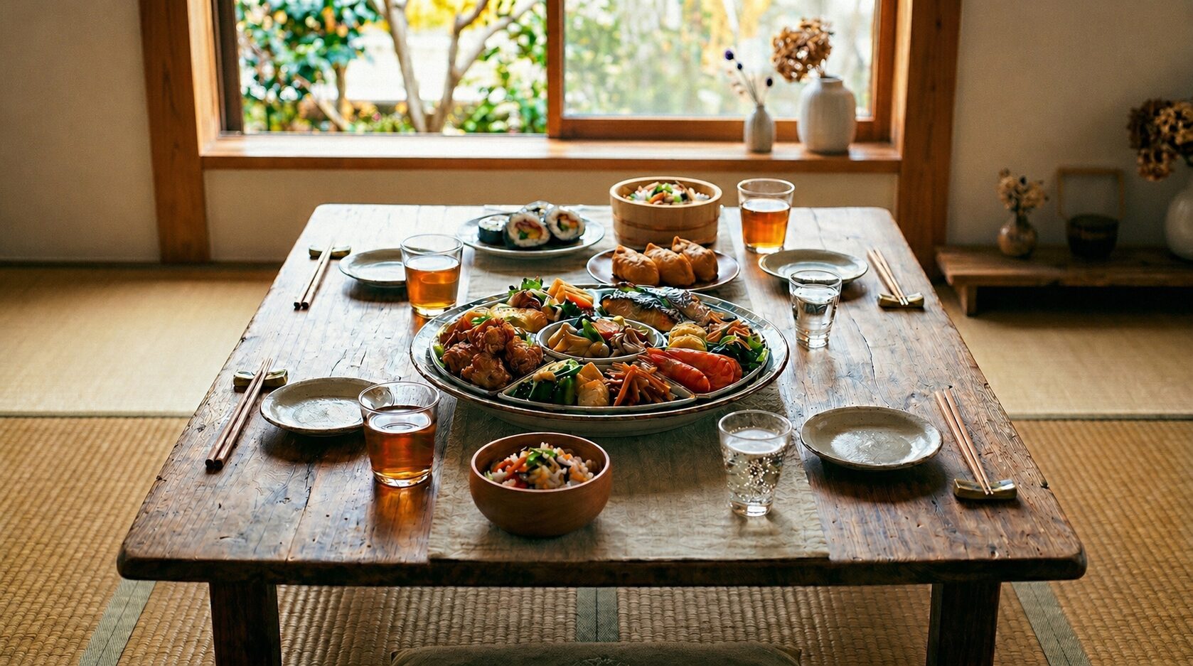 松山市でオードブルの人数目安を考えるための、取り皿やご飯ものを並べた食卓イメージ