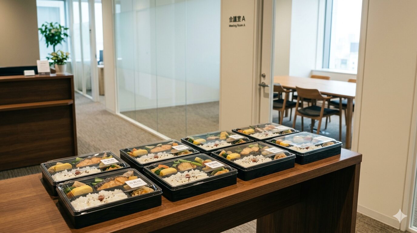 松山市で会議弁当を会議室前に配達し、配布しやすい形で並べた様子