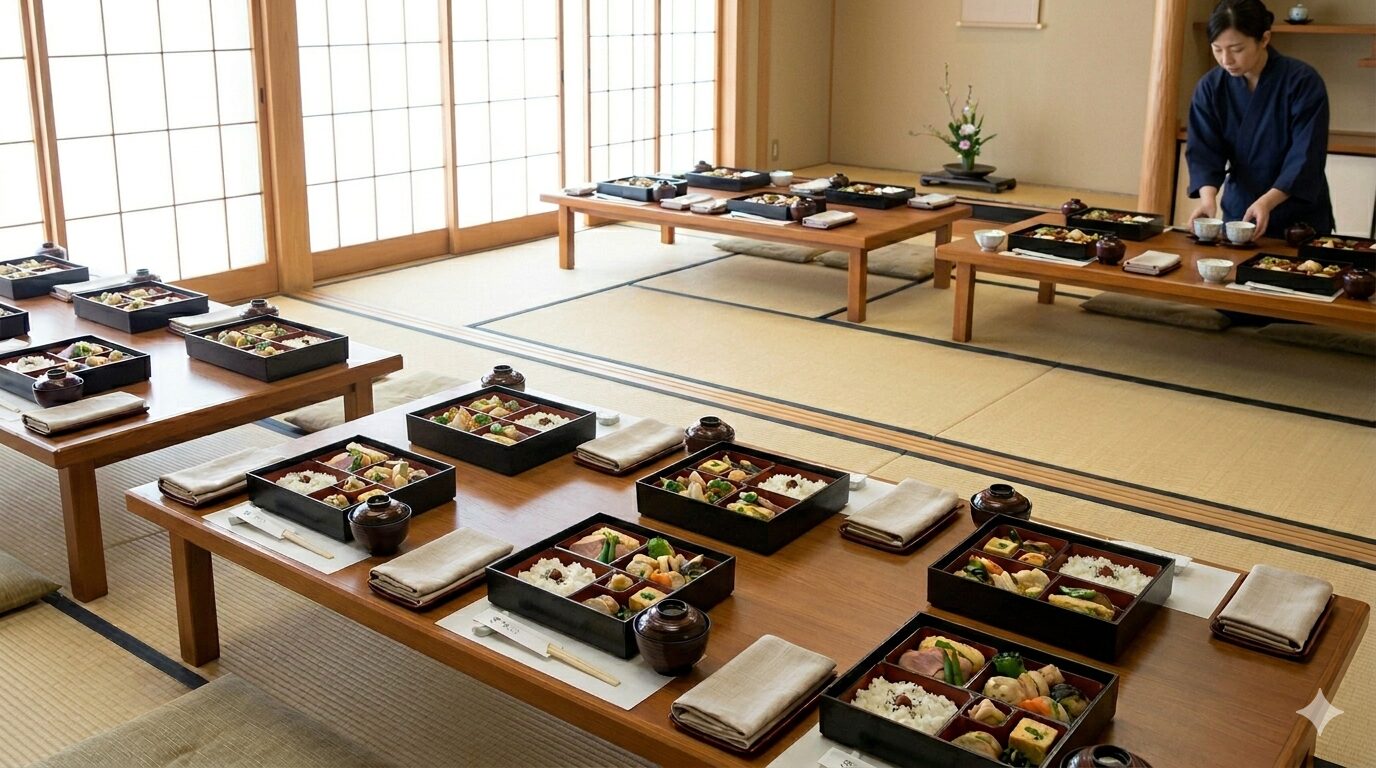 法事の席で料理が並び、会館やご自宅でもそのまま進めやすい様子が分かる現場イメージ写真