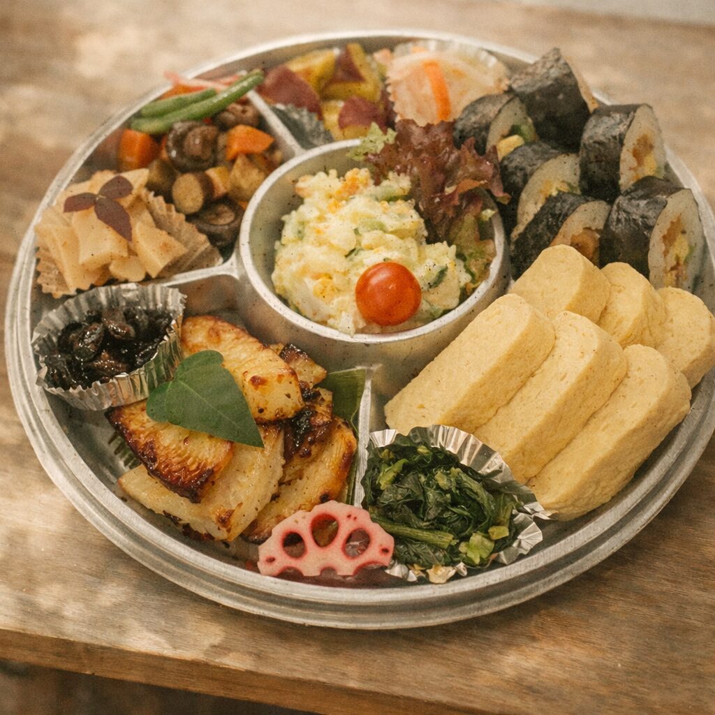 和風オードブル：だし巻き・煮物・酢の物・焼き魚・巻き寿司が丸皿に並ぶ様子