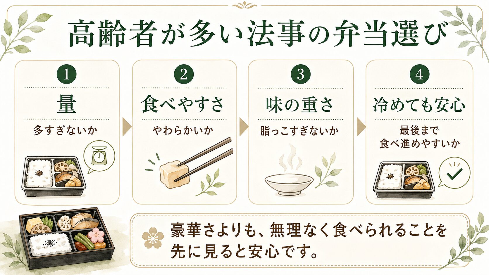 高齢者が多い法事で弁当を選ぶときに見る量・食べやすさ・味の重さを整理した図解
