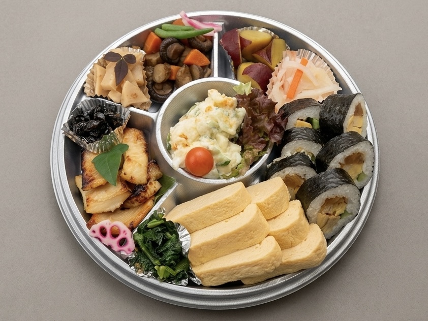 だし巻き・煮物・酢の物・焼き魚・巻き寿司入りの和風オードブル丸皿